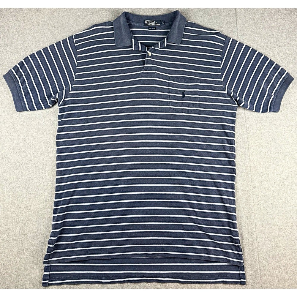 Polo Ralph Lauren Mens L Textured Polo Shirt Navy Striped Pony Pocket Cotton